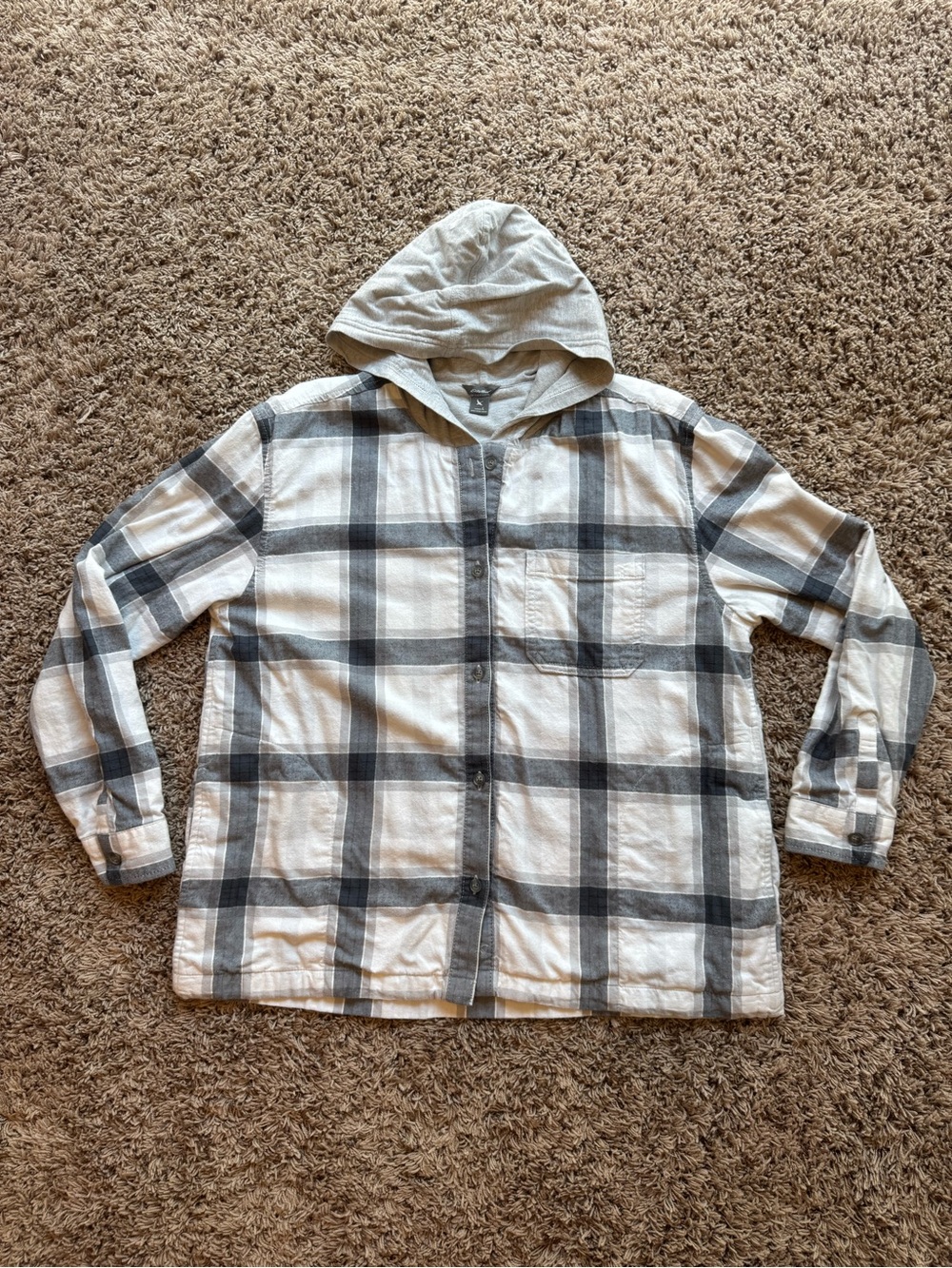 Eddie Bauer White and Gray Plaid Button-Down Hoodie Shirt